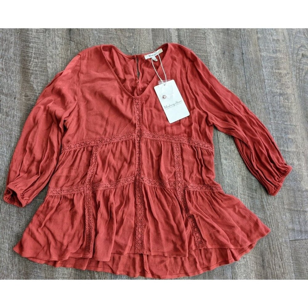 NWT Blushing Heart Women Red Long Sleeve Blouse S Crochet Lace Embellished